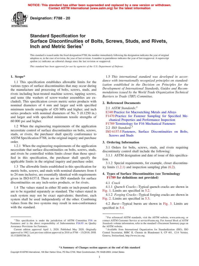 ASTM F788-20 - Standard Specification for  Surface Discontinuities of Bolts, Screws, Studs, and Rivets,  Inch and Metric Series