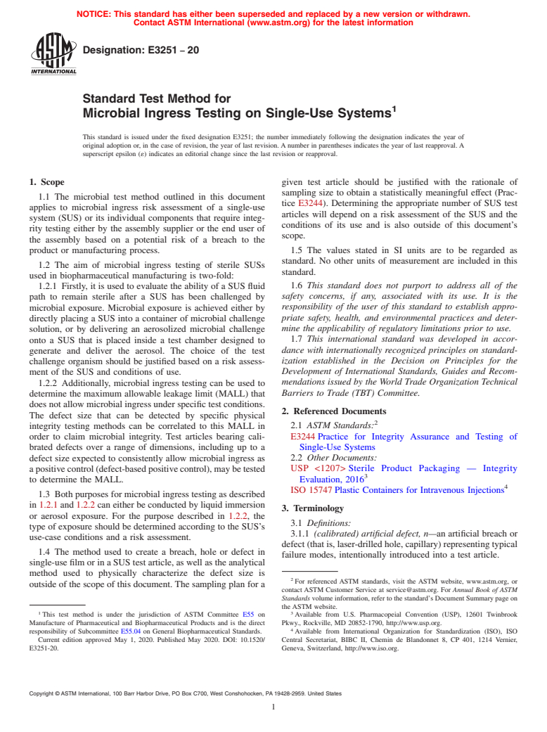 ASTM E3251-20 - Standard Test Method for Microbial Ingress Testing on Single-Use Systems