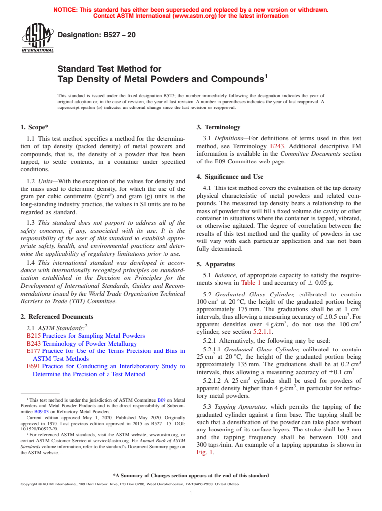 ASTM B527-20 - Standard Test Method for  Tap Density of Metal Powders and Compounds