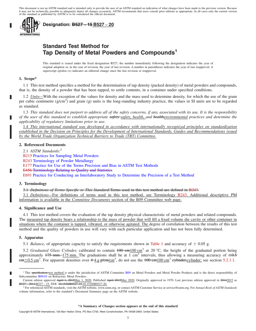 REDLINE ASTM B527-20 - Standard Test Method for  Tap Density of Metal Powders and Compounds