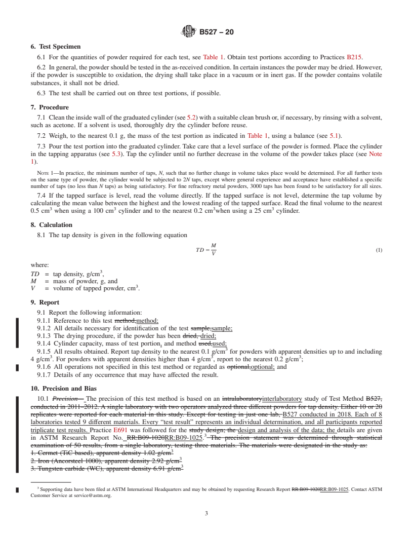 REDLINE ASTM B527-20 - Standard Test Method for  Tap Density of Metal Powders and Compounds