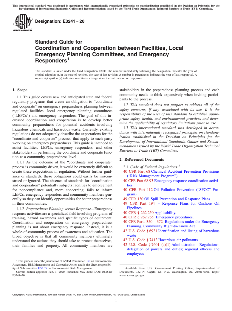ASTM E3241-20 - Standard Guide for Coordination and Cooperation between Facilities, Local Emergency  Planning Committees, and Emergency Responders