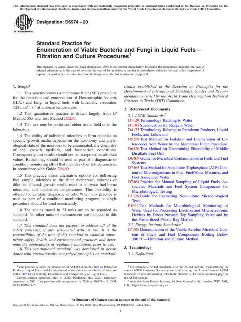 ASTM D6974-20 - Standard Practice for  Enumeration of Viable Bacteria and Fungi in Liquid Fuels&#x2014;Filtration  and Culture Procedures