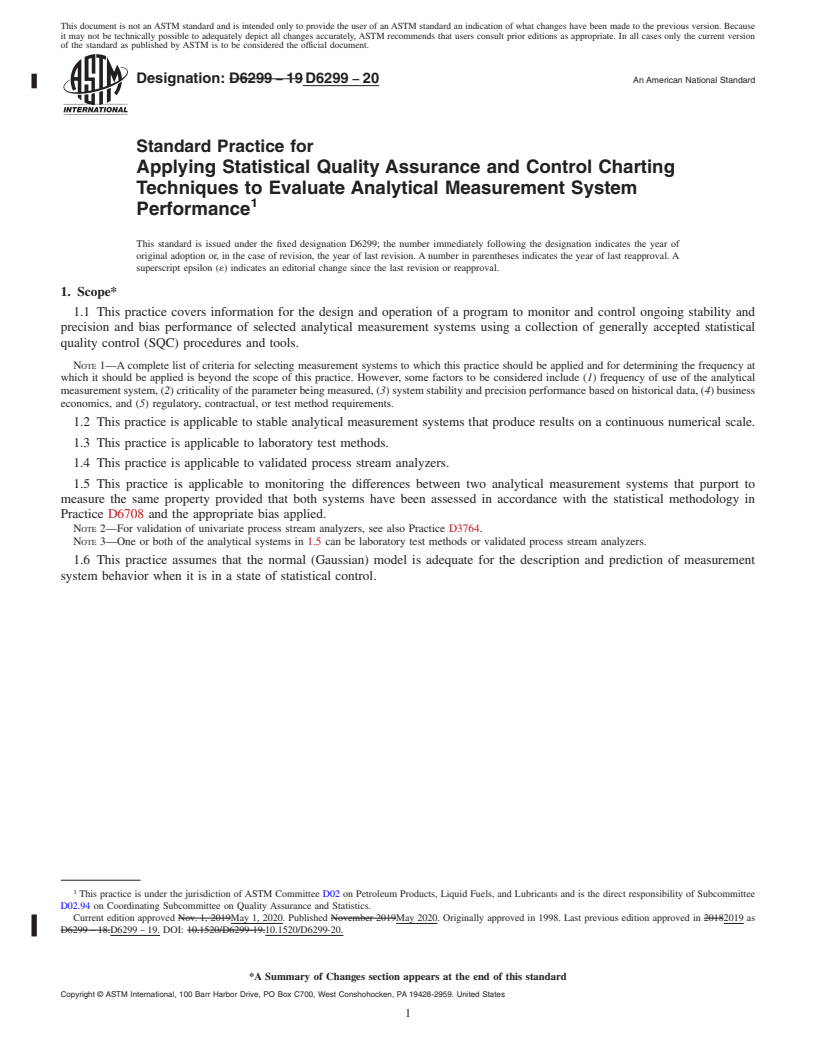 REDLINE ASTM D6299-20 - Standard Practice for  Applying Statistical Quality Assurance and Control Charting   Techniques to Evaluate Analytical Measurement System Performance