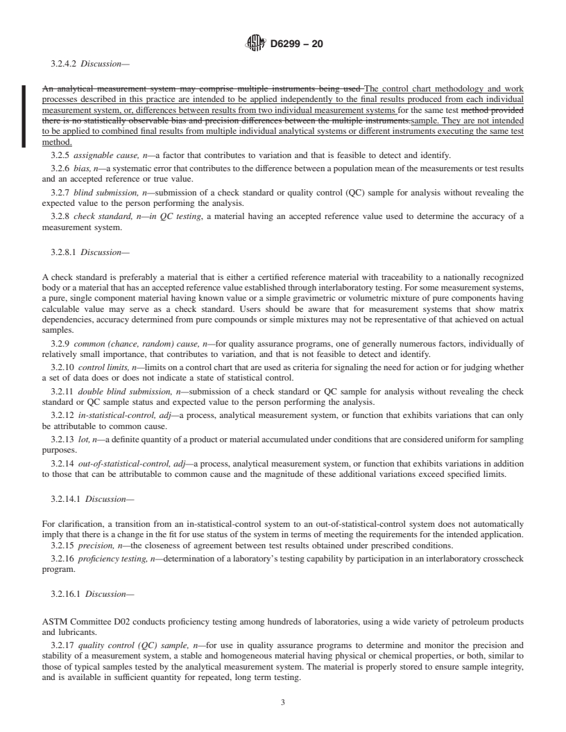 REDLINE ASTM D6299-20 - Standard Practice for  Applying Statistical Quality Assurance and Control Charting   Techniques to Evaluate Analytical Measurement System Performance