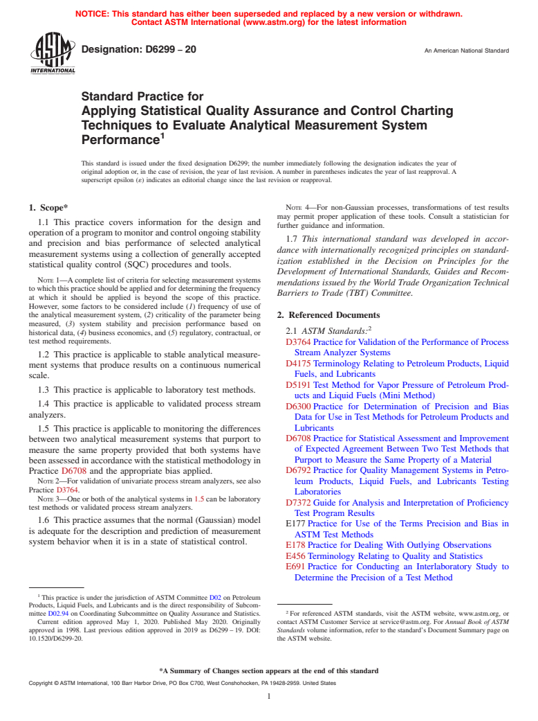 ASTM D6299-20 - Standard Practice for  Applying Statistical Quality Assurance and Control Charting   Techniques to Evaluate Analytical Measurement System Performance