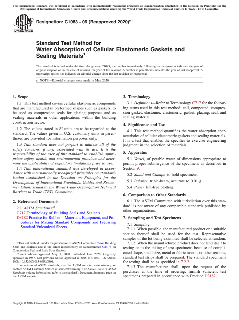 ASTM C1083-06(2020)e1 - Standard Test Method for  Water Absorption of Cellular Elastomeric Gaskets and Sealing  Materials