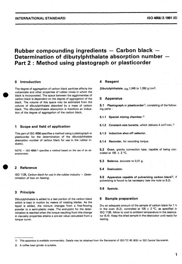 ISO 4656-2:1981 - Rubber compounding ingredients -- Carbon black -- Determination of dibutylphthalate absorption number