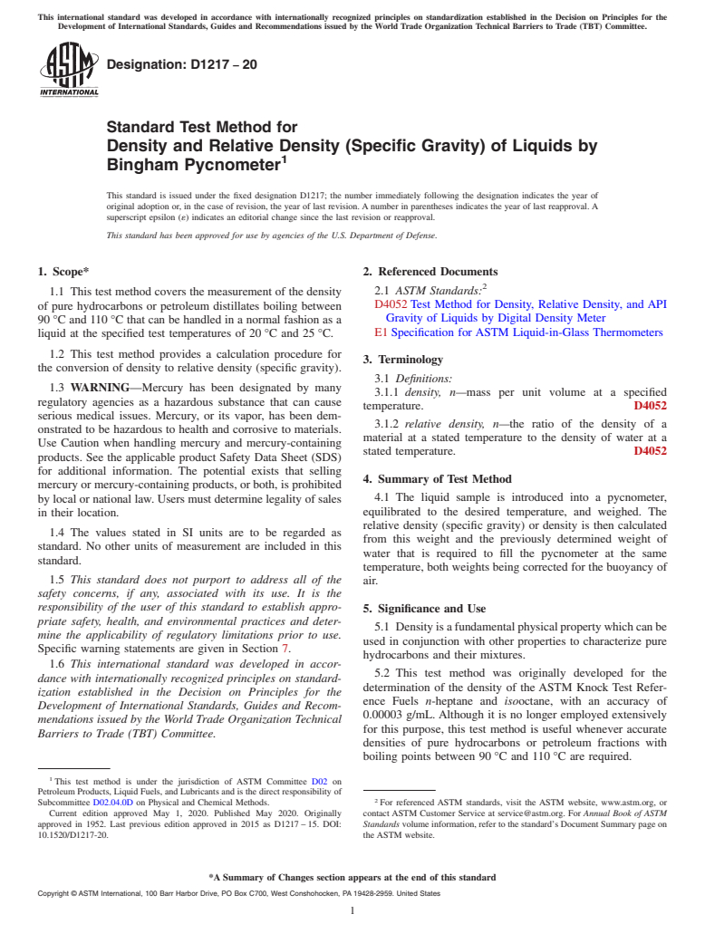 ASTM D1217-20 - Standard Test Method for Density and Relative Density (Specific Gravity) of Liquids  by Bingham Pycnometer
