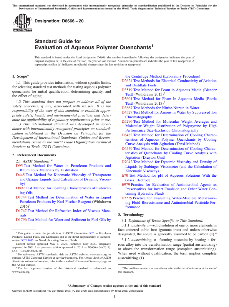 ASTM D6666-20 - Standard Guide for  Evaluation of Aqueous Polymer Quenchants