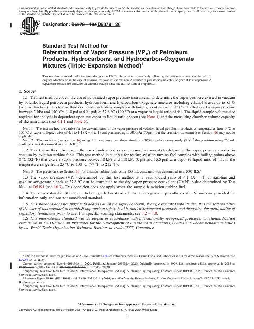 REDLINE ASTM D6378-20 - Standard Test Method for  Determination of Vapor Pressure (VP<inf>X</inf>) of Petroleum   Products, Hydrocarbons, and Hydrocarbon-Oxygenate Mixtures (Triple   Expansion Method)