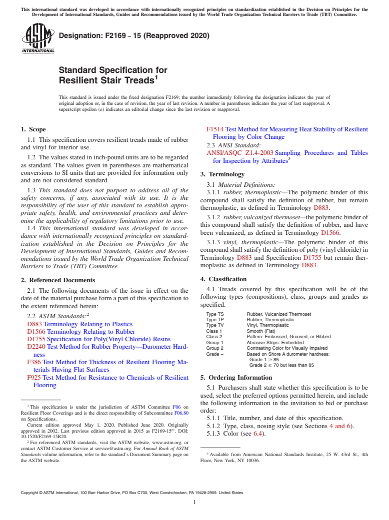 ASTM F2169-15(2020) - Standard Specification for  Resilient Stair Treads