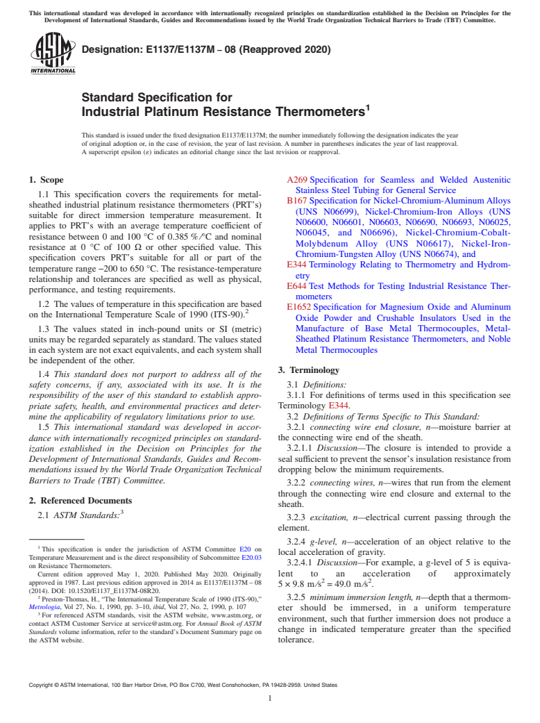 ASTM E1137/E1137M-08(2020) - Standard Specification for  Industrial Platinum Resistance Thermometers