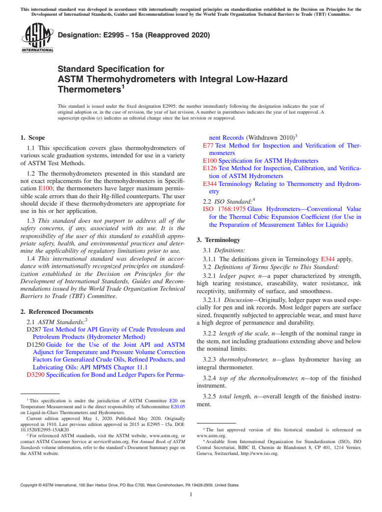 ASTM E2995-15a(2020) - Standard Specification for ASTM Thermohydrometers with Integral Low-Hazard Thermometers