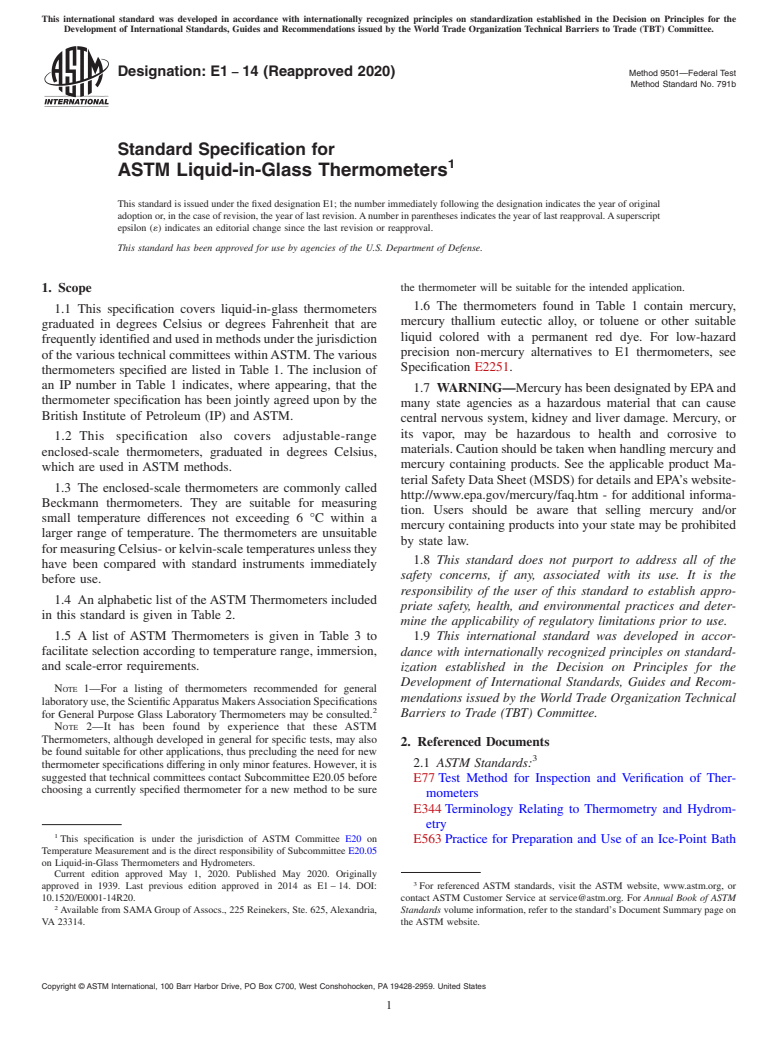 ASTM E1-14(2020) - Standard Specification for  ASTM&#x2002;Liquid-in-Glass Thermometers