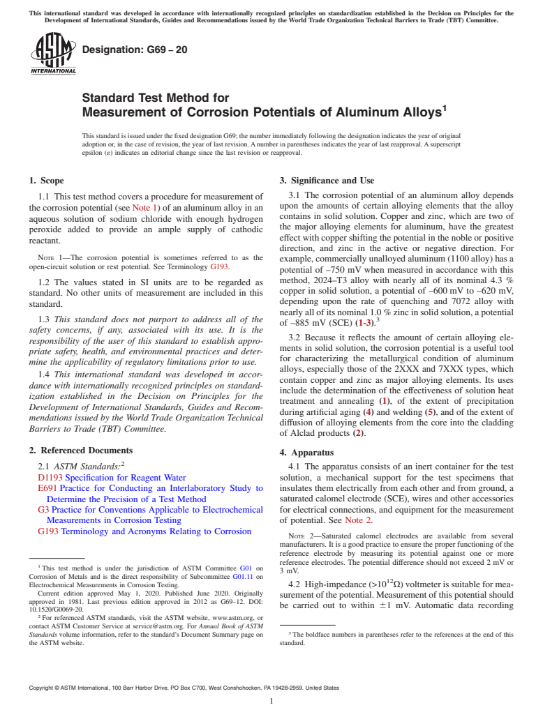 ASTM G69-20 - Standard Test Method for Measurement of Corrosion Potentials of Aluminum Alloys