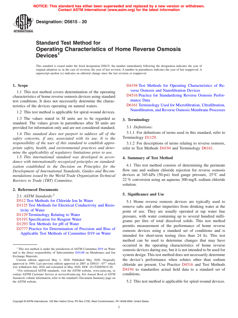 ASTM D5615-20 - Standard Test Method for  Operating Characteristics of Home Reverse Osmosis Devices