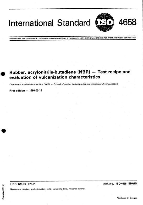 ISO 4658:1980 - Rubber, acrylonitrile-butadiene (NBR) -- Test recipe and evaluation of vulcanization characteristics