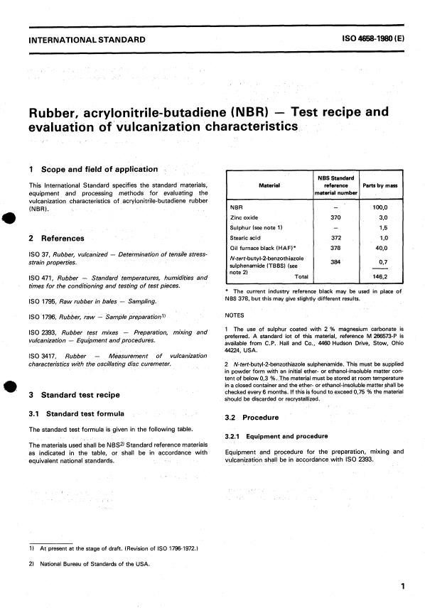 ISO 4658:1980 - Rubber, acrylonitrile-butadiene (NBR) -- Test recipe and evaluation of vulcanization characteristics