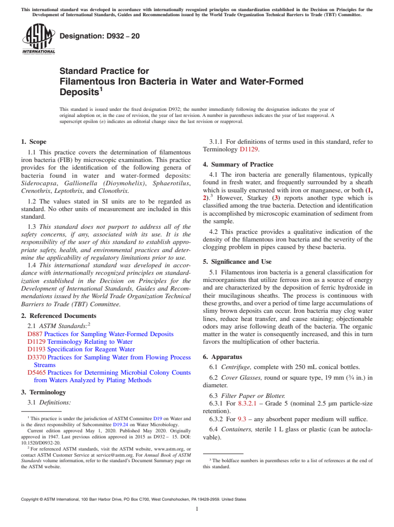 ASTM D932-20 - Standard Practice for  Filamentous Iron Bacteria in Water and Water-Formed Deposits
