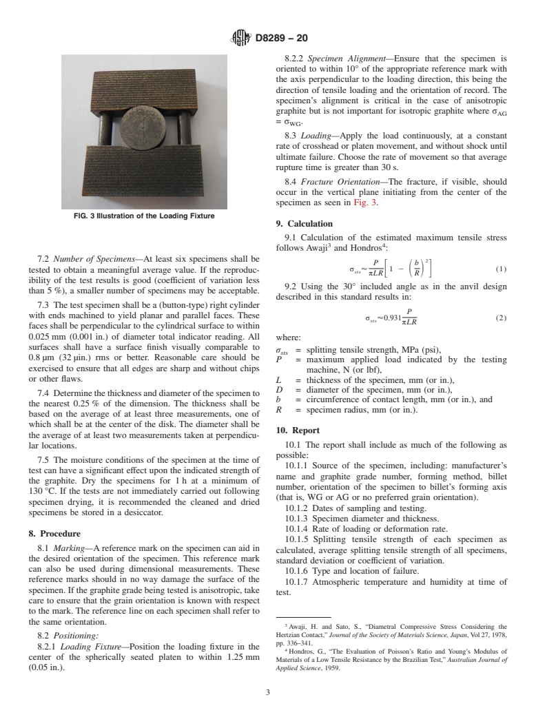 ASTM D8289-20 - Standard Test Method for Tensile Strength Estimate by Disc Compression of Manufactured  Graphite