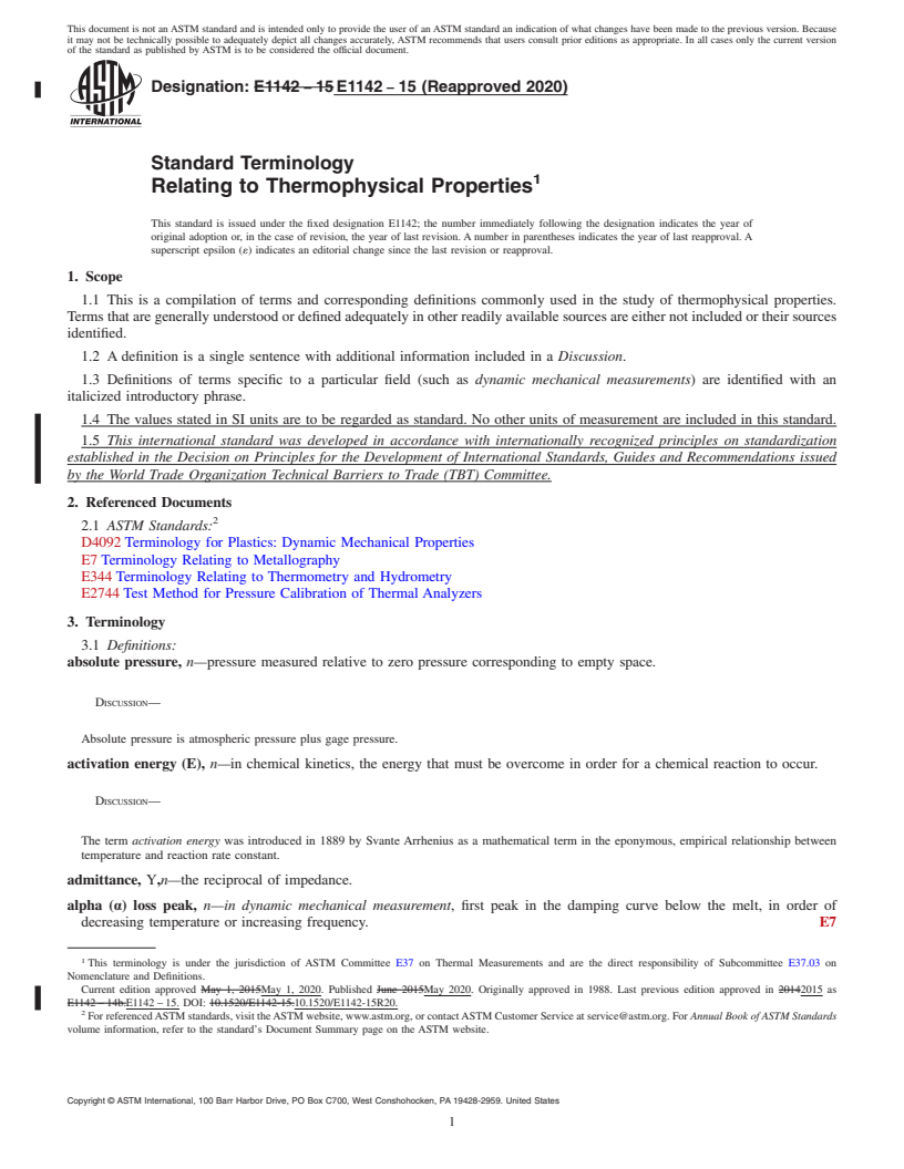 REDLINE ASTM E1142-15(2020) - Standard Terminology  Relating to Thermophysical Properties