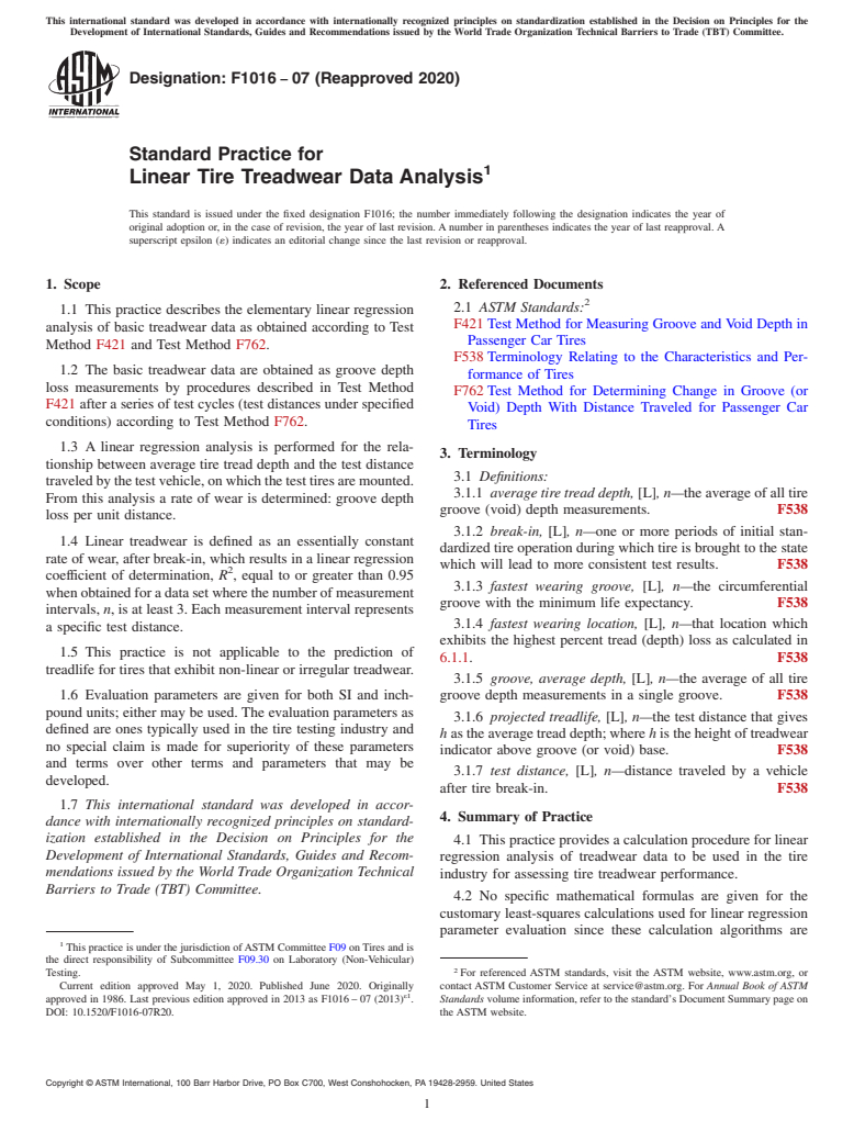 ASTM F1016-07(2020) - Standard Practice for  Linear Tire Treadwear Data Analysis