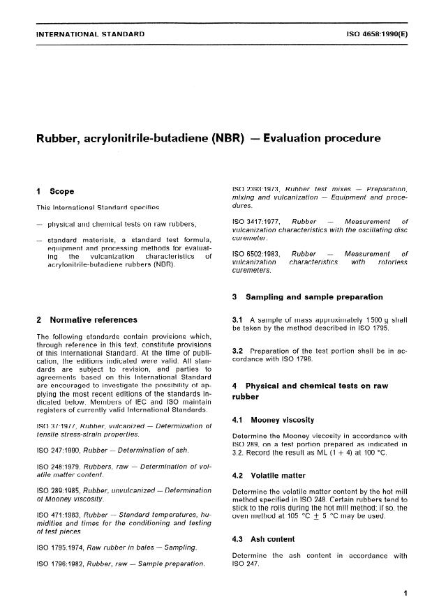 ISO 4658:1990 - Rubber, acrylonitrile-butadiene (NBR) -- Evaluation procedure