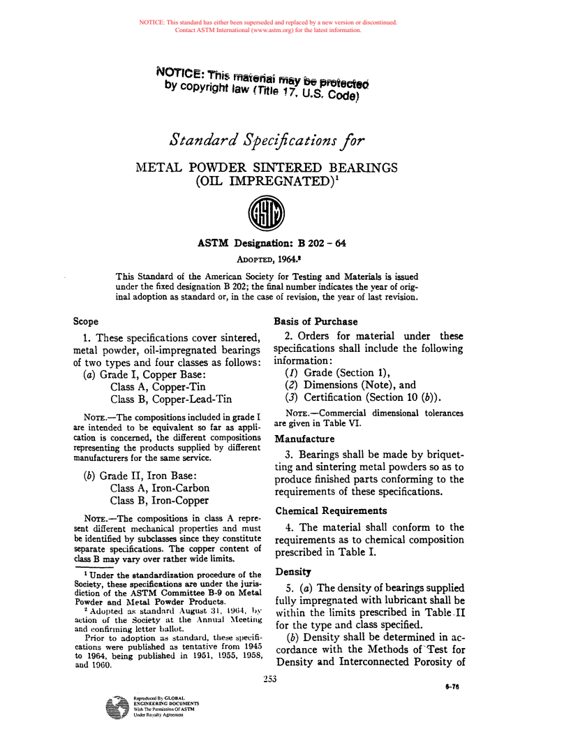 ASTM B202-64 - Specification for Metal Powder Sintered Bearings (Oil Impregnated) (Withdrawn 1965)