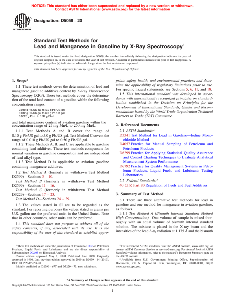 ASTM D5059-20 - Standard Test Methods for Lead and Manganese in Gasoline by X-Ray Spectroscopy