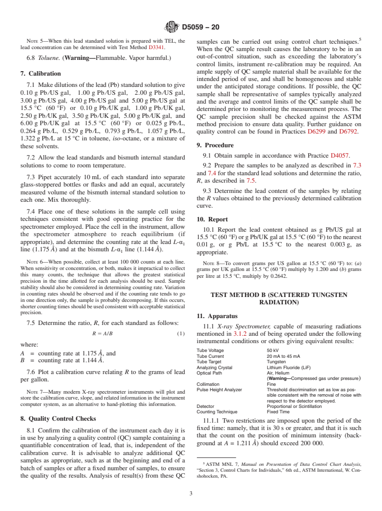 ASTM D5059-20 - Standard Test Methods for Lead and Manganese in Gasoline by X-Ray Spectroscopy