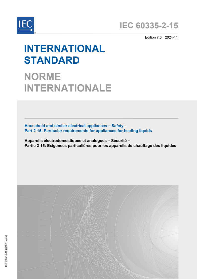 IEC 60335-2-15:2024 - Household and similar electrical appliances - Safety - Part 2-15: Particular requirements for appliances for heating liquids
Released:1. 11. 2024
Isbn:9782832299050