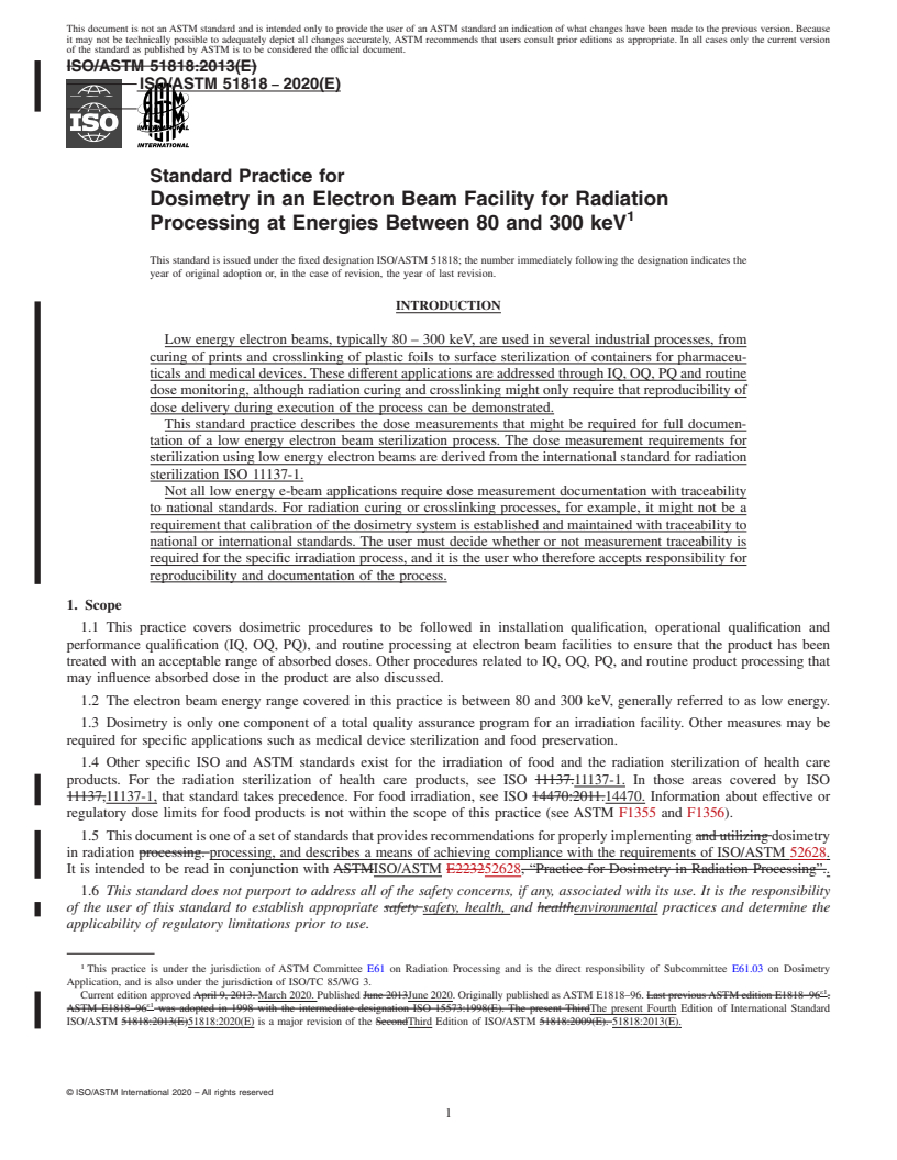REDLINE ASTM ISO/ASTM51818-20 - Standard Practice for  Dosimetry in an Electron Beam Facility for Radiation Processing  at Energies Between 80 and 300 keV