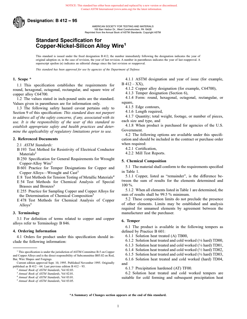 ASTM B412-95 - Standard Specification for Copper-Nickel-Silicon Alloy Wire (Withdrawn 2000)