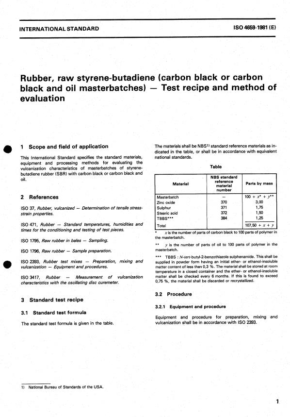 ISO 4659:1981 - Rubber, raw styrene-butadiene (carbon black or carbon black and oil masterbatches) -- Test recipe and method of evaluation
