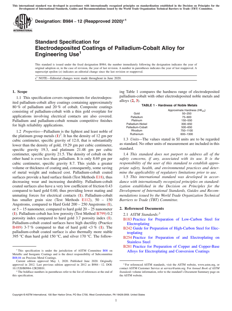 ASTM B984-12(2020)e1 - Standard Specification for Electrodeposited Coatings of Palladium-Cobalt Alloy for Engineering  Use