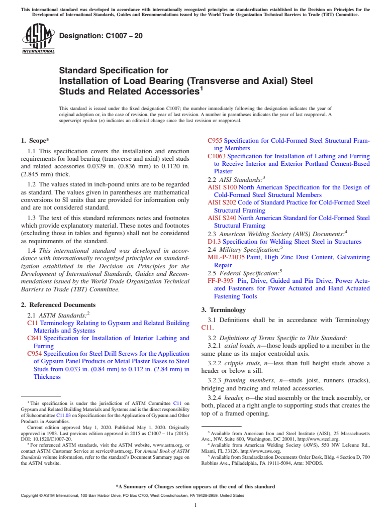 ASTM C1007-20 - Standard Specification for  Installation of Load Bearing (Transverse and Axial) Steel Studs  and Related Accessories