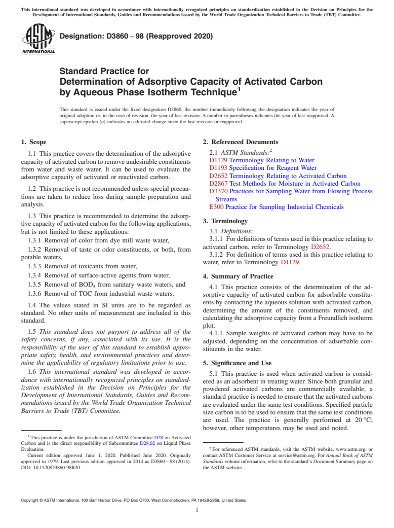 ASTM D3860-98(2020) - Standard Practice for Determination of Adsorptive Capacity of Activated Carbon by  Aqueous Phase Isotherm Technique