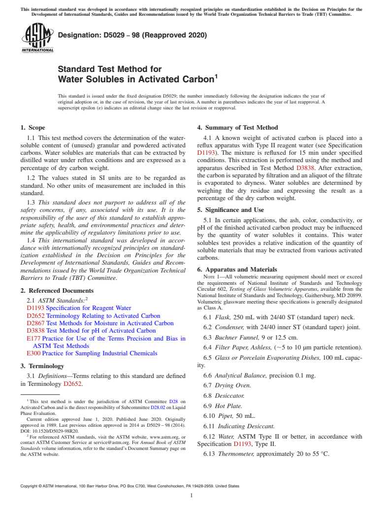 ASTM D5029-98(2020) - Standard Test Method for Water Solubles in Activated Carbon