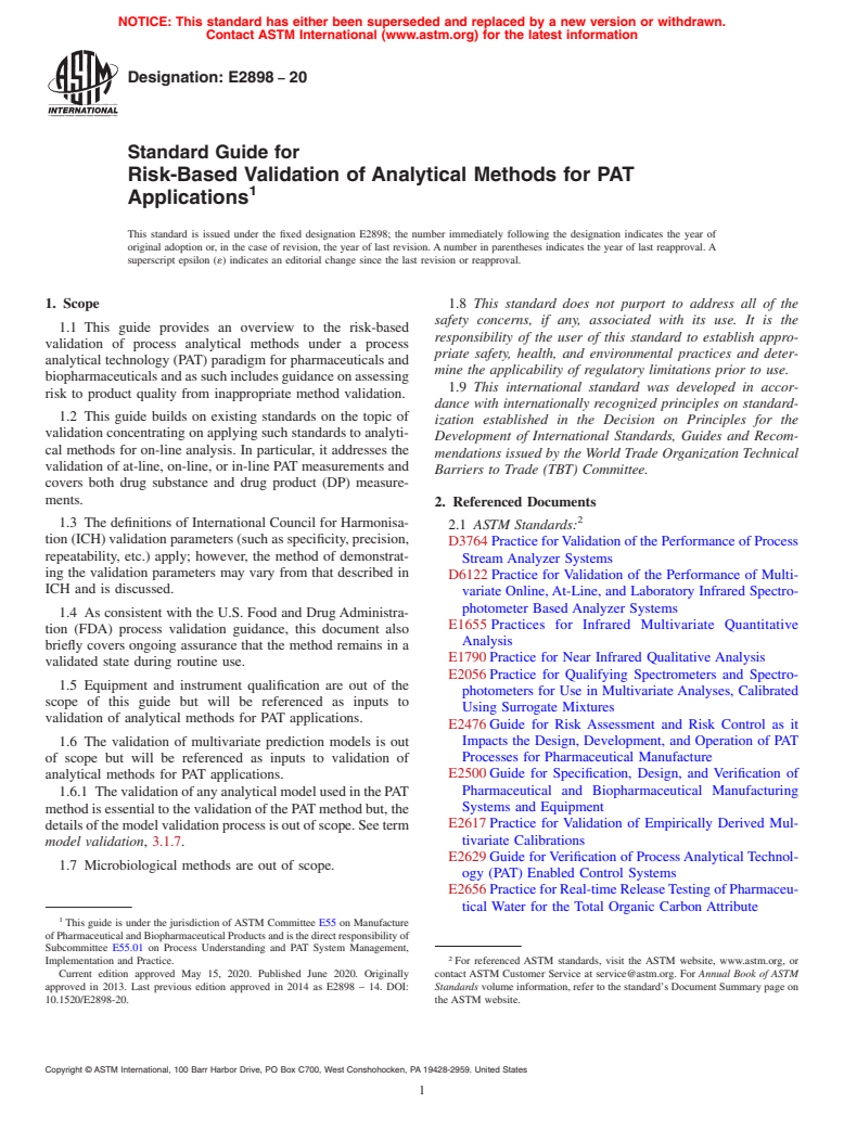 ASTM E2898-20 - Standard Guide for Risk-Based Validation of Analytical Methods for PAT Applications