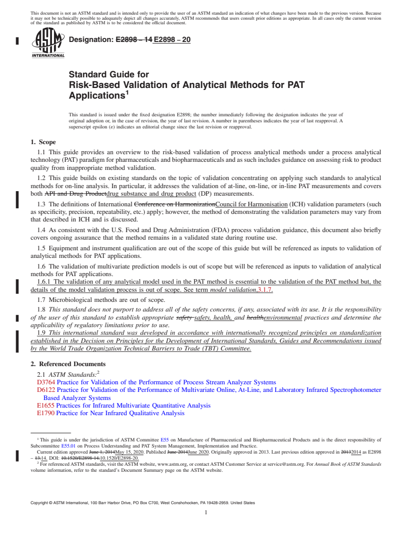 REDLINE ASTM E2898-20 - Standard Guide for Risk-Based Validation of Analytical Methods for PAT Applications