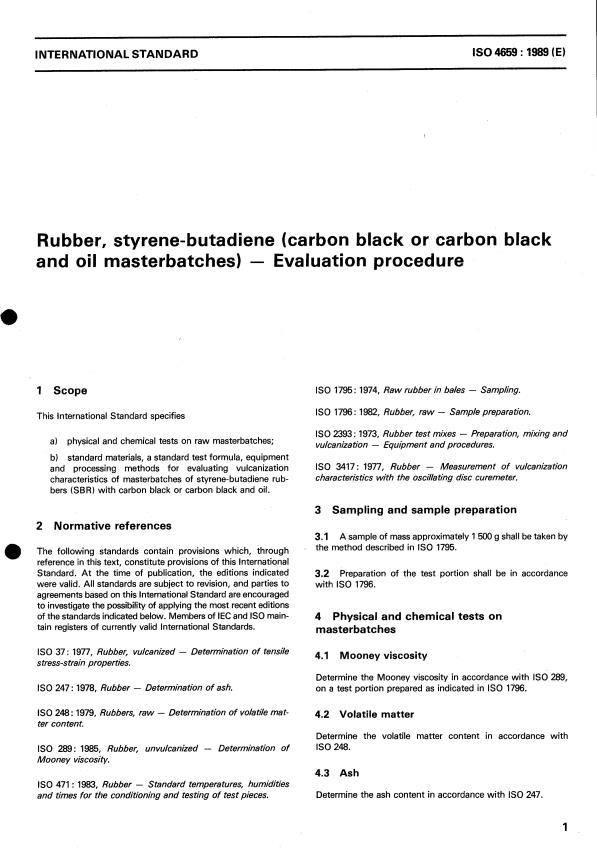 ISO 4659:1989 - Rubber, styrene-butadiene (carbon black or carbon black and oil masterbatches) -- Evaluation procedure