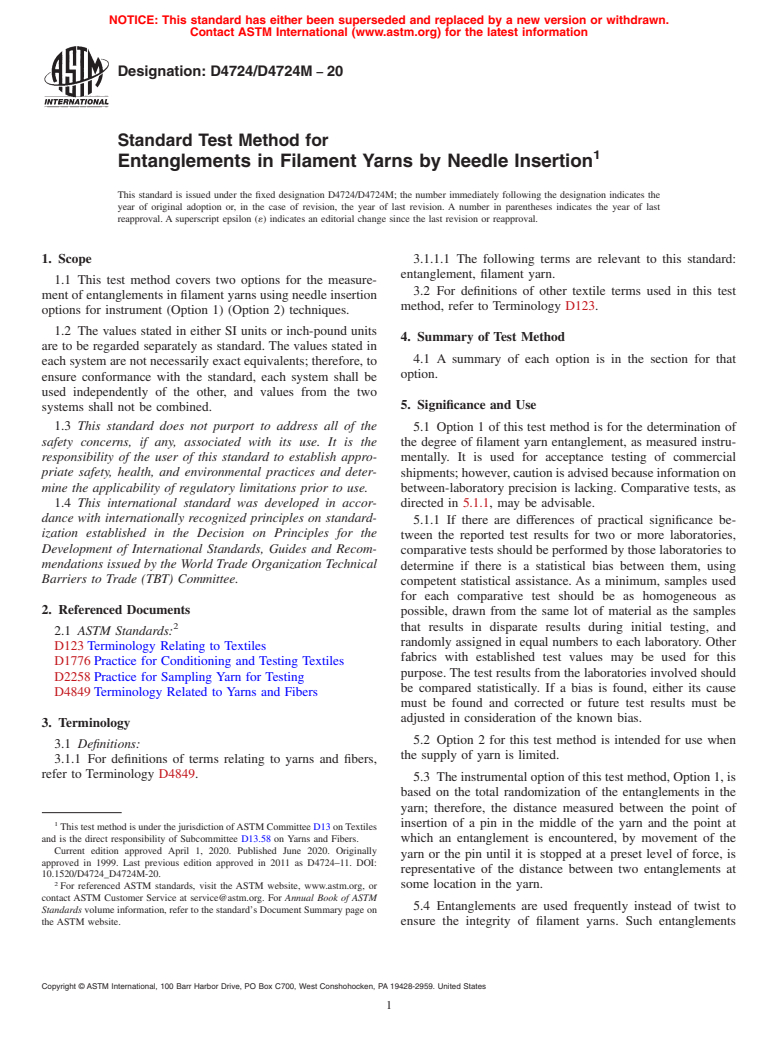 ASTM D4724/D4724M-20 - Standard Test Method for  Entanglements in Filament Yarns by Needle Insertion