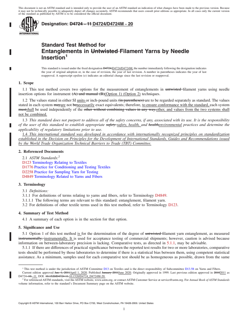 REDLINE ASTM D4724/D4724M-20 - Standard Test Method for  Entanglements in Filament Yarns by Needle Insertion