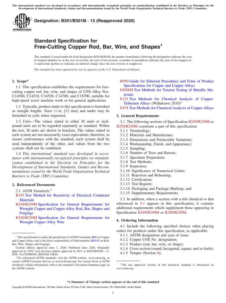 ASTM B301/B301M-13(2020) - Standard Specification for Free-Cutting Copper Rod, Bar, Wire, and Shapes