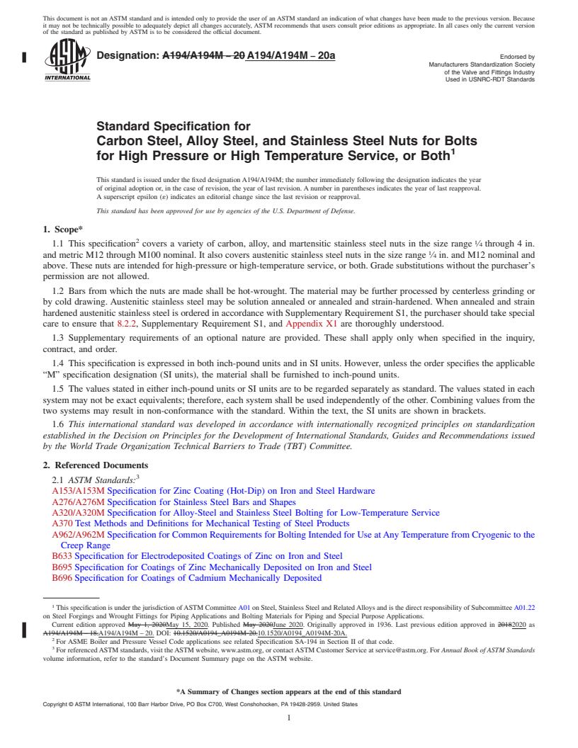 REDLINE ASTM A194/A194M-20a - Standard Specification for  Carbon Steel, Alloy Steel, and Stainless Steel Nuts for Bolts  for High Pressure or High Temperature Service, or Both