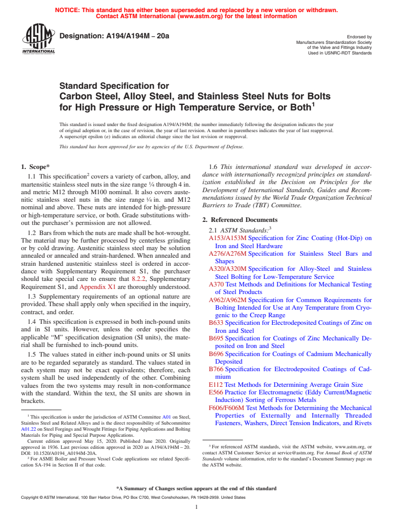 ASTM A194/A194M-20a - Standard Specification for  Carbon Steel, Alloy Steel, and Stainless Steel Nuts for Bolts  for High Pressure or High Temperature Service, or Both