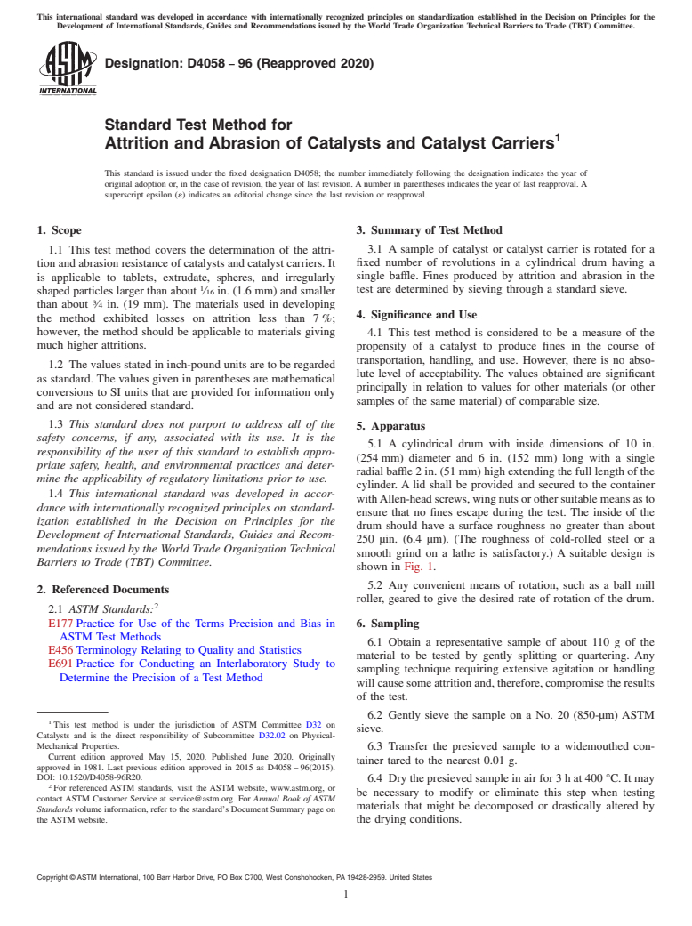 ASTM D4058-96(2020) - Standard Test Method for  Attrition and Abrasion of Catalysts and Catalyst Carriers