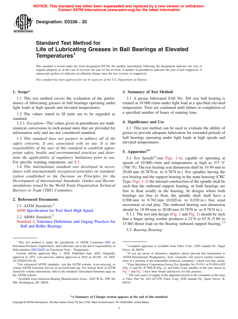 ASTM D3336-20 - Standard Test Method for  Life of Lubricating Greases in Ball Bearings at Elevated Temperatures