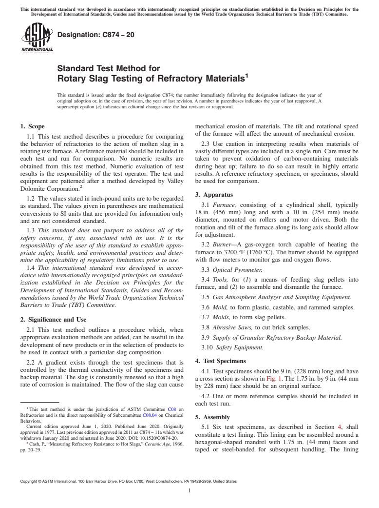 ASTM C874-20 - Standard Test Method for Rotary Slag Testing of Refractory Materials